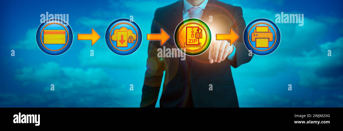 Responsabile aziendale irriconoscibile per il download sicuro di un documento di file ZIP da stampare. Metafora delle aziende e delle tecnologie informatiche per la dow digitale istantanea Foto Stock