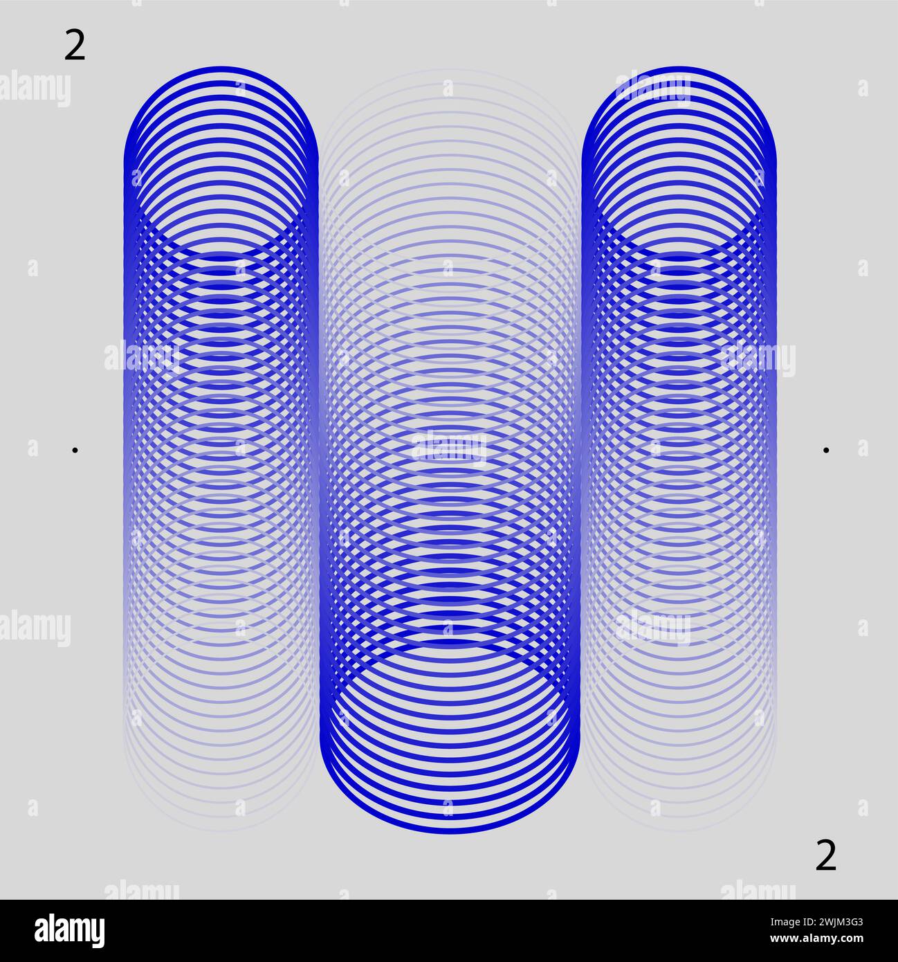 Tre illusioni ottiche cilindriche blu con motivi circolari concentrici su sfondo bianco. Estetica moderna, arte minimalista Illustrazione Vettoriale