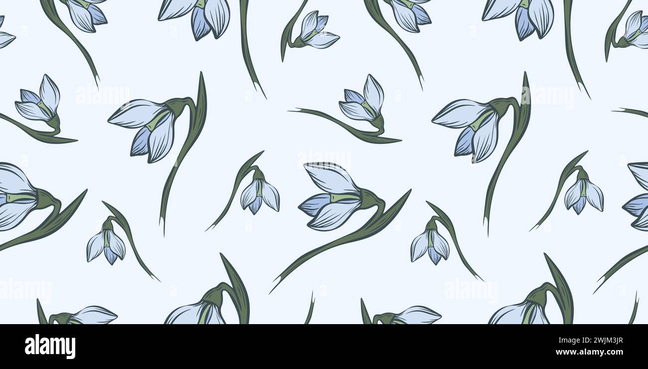 Motivo floreale botanico a goccia di neve senza cuciture. Disegni in linea disegnati a mano con foglie e fiori invernali per inviti e biglietti di nozze, prodotti tessili, wra Illustrazione Vettoriale