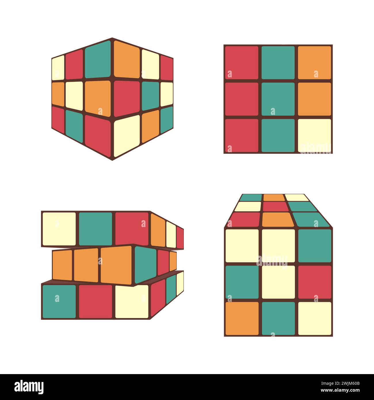 Un set di giocattoli, puzzle, cubi da diversi punti di osservazione. Illustrazione vettoriale in stile anni '90 su sfondo bianco. Illustrazione Vettoriale