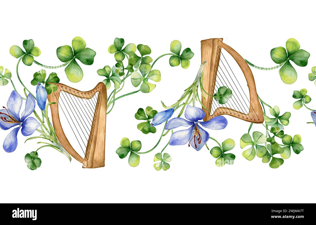 Bordo senza cuciture con illustrazione in acquerello zafferano e trifoglio isolata su bianco. Arpa celtica dipinta e fiori. Simbolo irlandese disegnato a mano. Design el Foto Stock