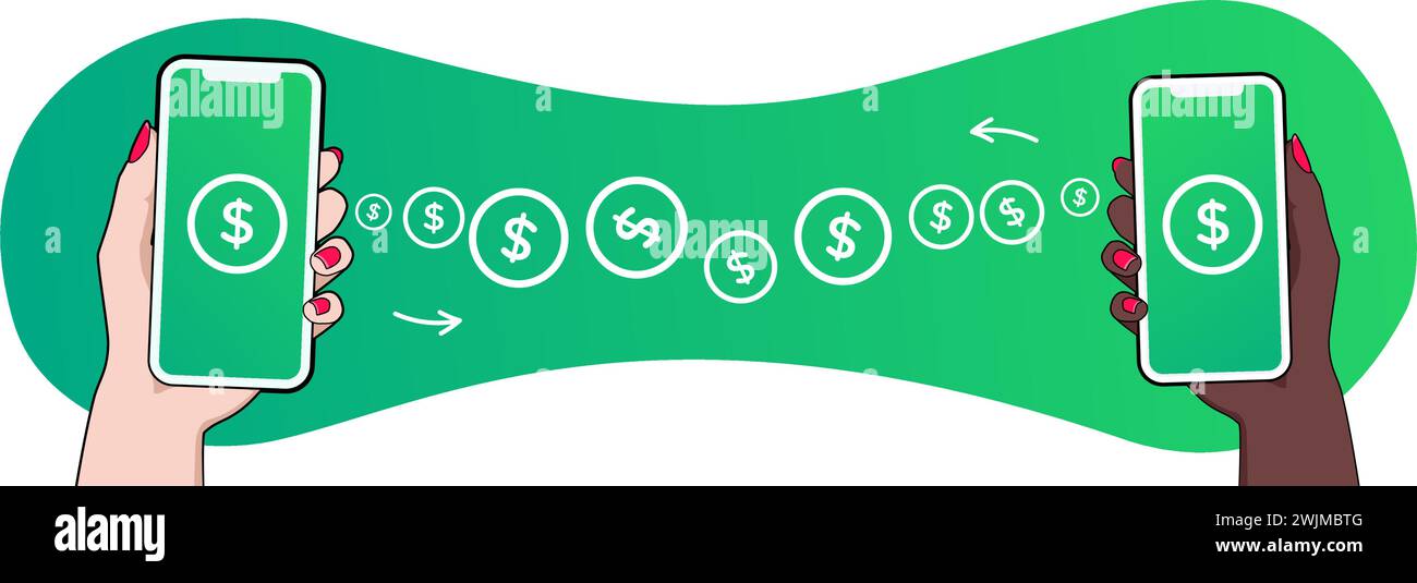 Concetto di flusso di denaro. Pagamento mobile riuscito. Ricevuto e trasferito con il segno di spunta sullo schermo. La mano di una donna che effettua transazioni con lo smartphone. Illustrazione Vettoriale
