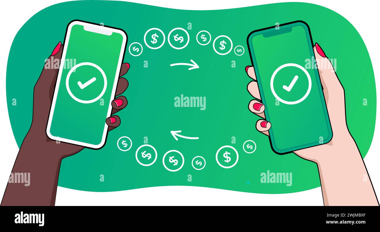 Concetto di flusso di denaro. Pagamento mobile riuscito. Ricevuto e trasferito con il segno di spunta sullo schermo. La mano di una donna che effettua transazioni con lo smartphone. Illustrazione Vettoriale