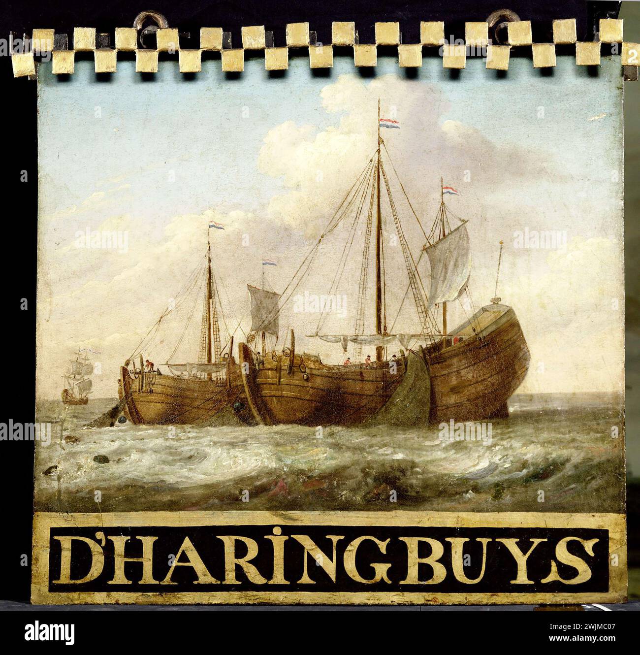 Cartello, entrambi i lati dipinti con Herring Boats, anonimo, 1700 - 1799 Un cartello dipinto su entrambi i lati con una rappresentazione di due tubi di aringa che pescano in mare. Foto Stock