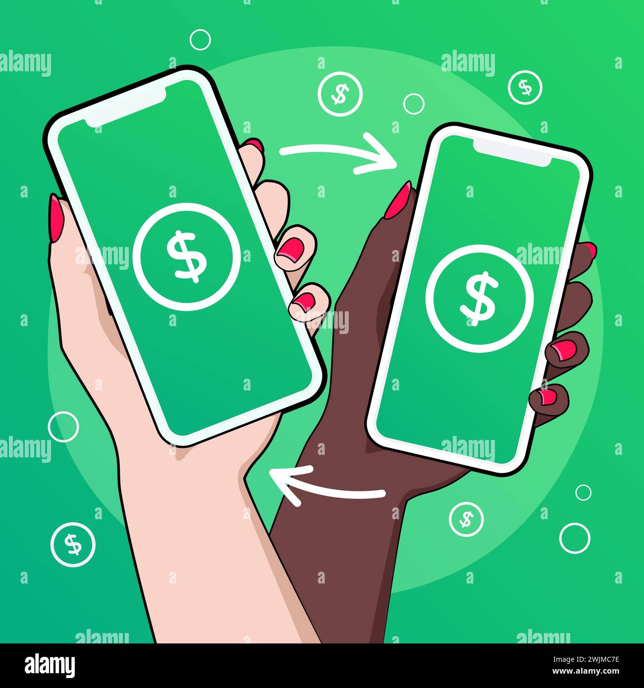 Concetto di flusso di denaro. Pagamento mobile riuscito. Ricevuto e trasferito con il segno di spunta sullo schermo. La mano di una donna che effettua transazioni con lo smartphone. Illustrazione Vettoriale