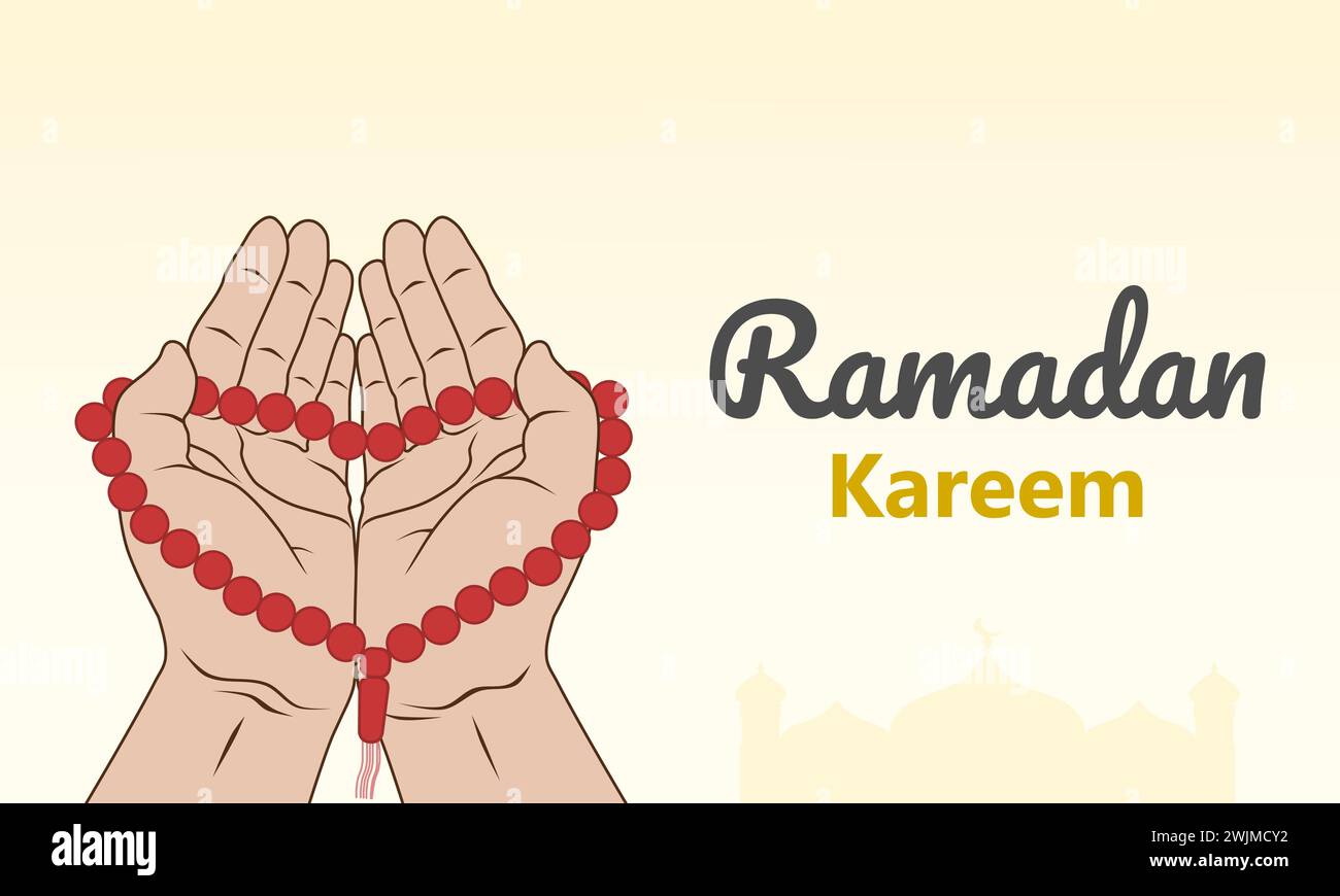 Concetto di Ramadan kareem. Mani musulmane che tengono perline di preghiera per dhikr e pregano dio. Illustrazione vettoriale. Illustrazione Vettoriale