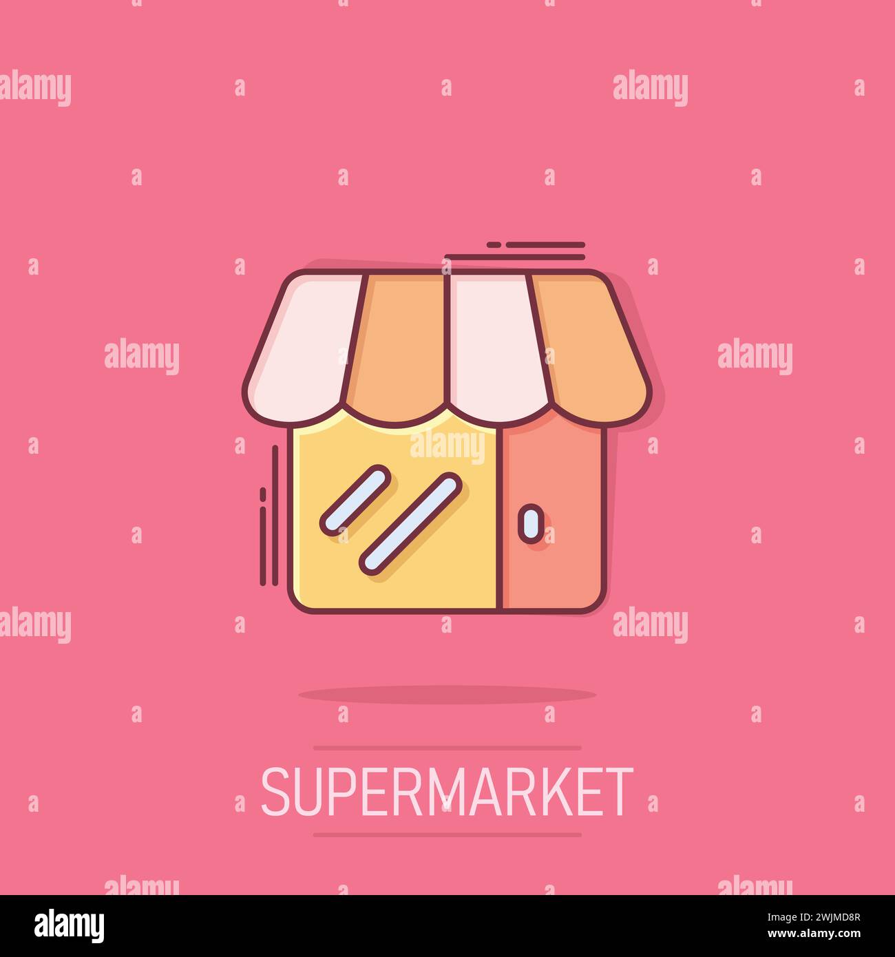 Icona del centro commerciale in stile fumetto. Memorizzare l'illustrazione vettoriale dei cartoni animati su sfondo isolato. Scopri il concetto di business degli effetti spruzzi. Illustrazione Vettoriale