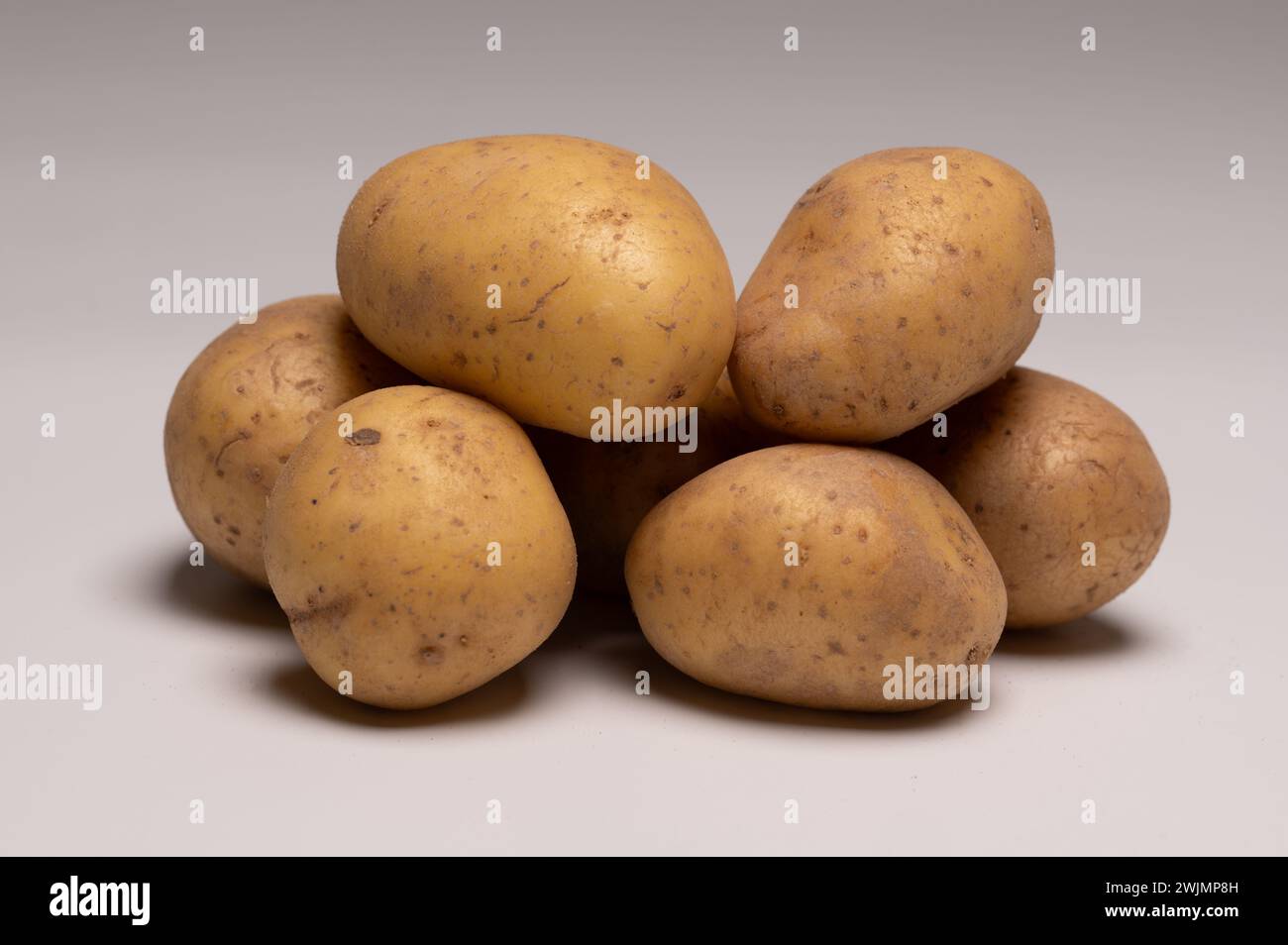 , Food, Deutschland, Rheinland-Pfalz, 16.02.2024, Stapel frischer Kartoffeln auf neutralem Hintergrund. Foto Stock