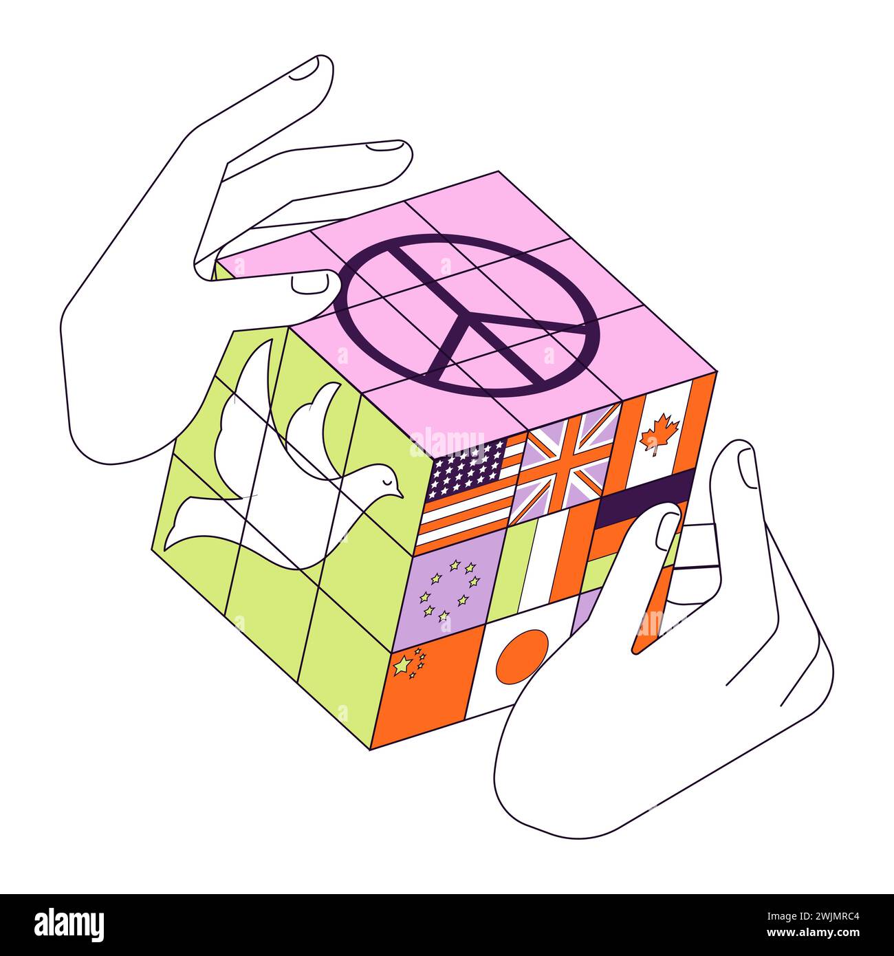 Potenza morbida. Connettività e collaborazione globali. Comunicazione internazionale. Il consenso dei diversi paesi per la pace e l'unità. Illustrazione vettoriale piatta Illustrazione Vettoriale