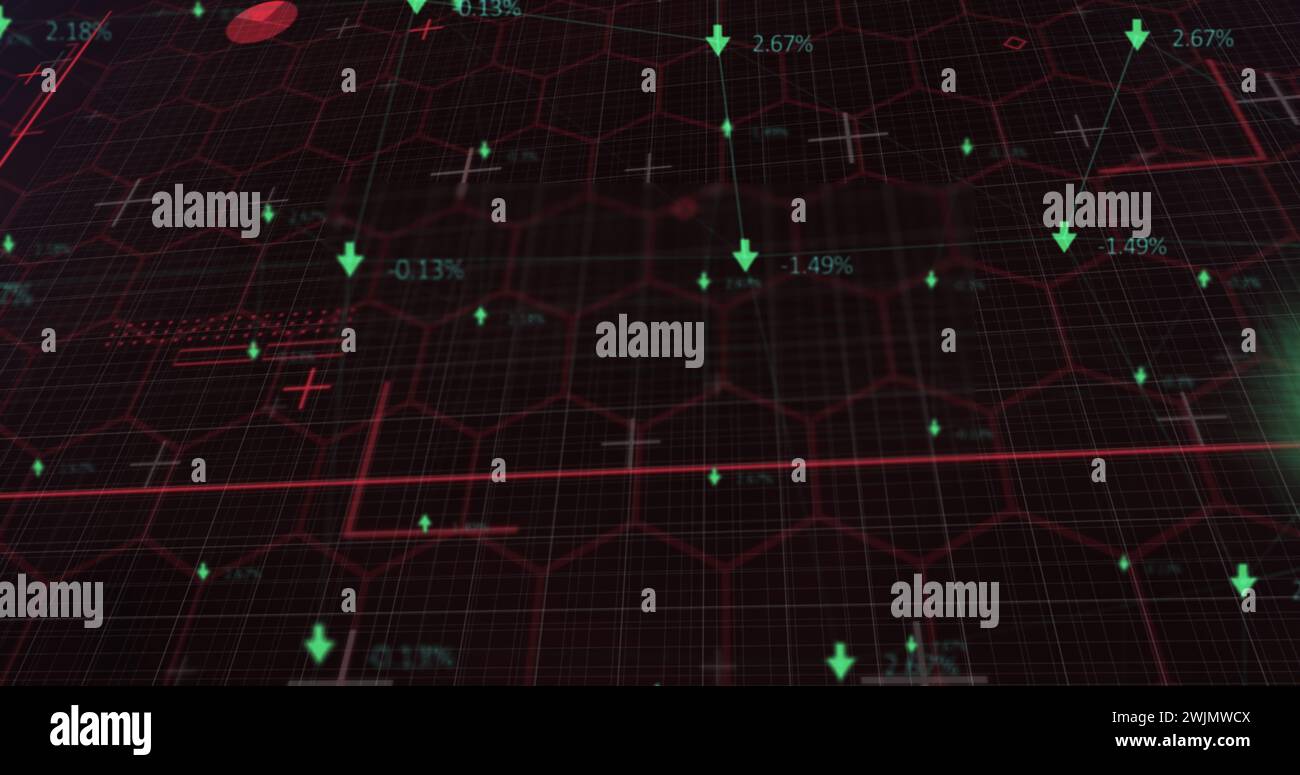 Immagine di linee rosse e numeri che cambiano con frecce verdi sulla rete di esagoni sullo sfondo della griglia Foto Stock