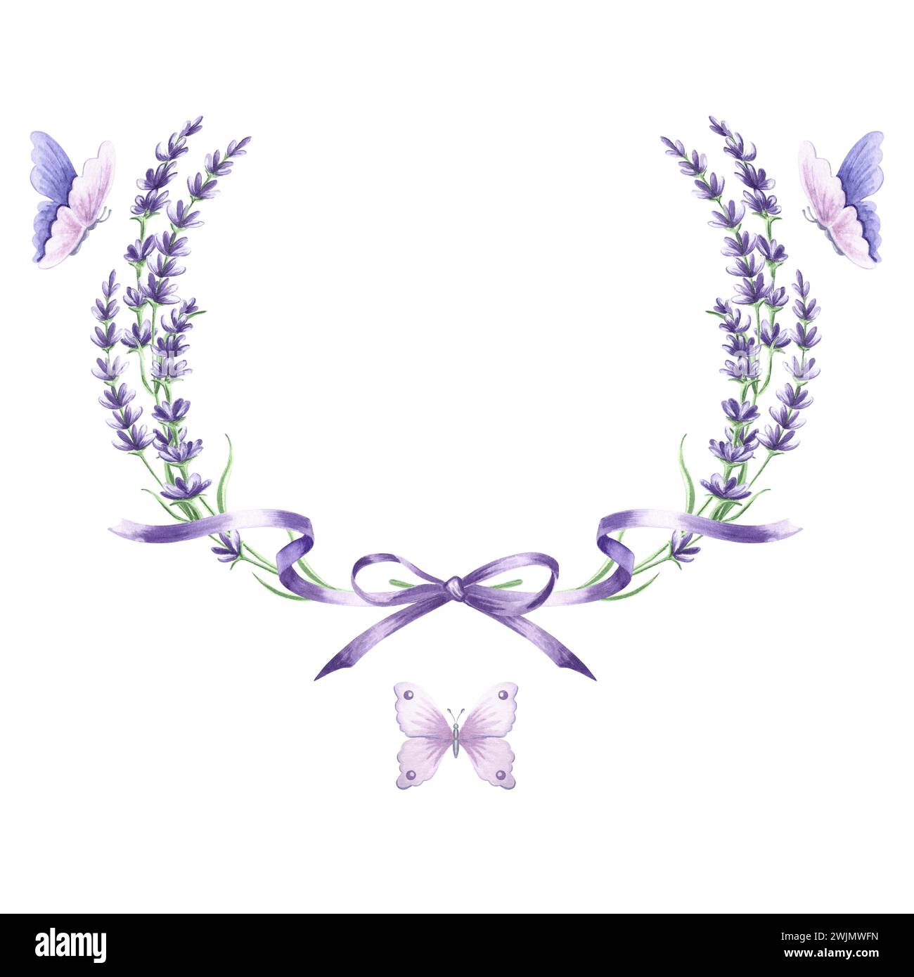 Cornice rotonda ad acquerello di fiori viola di lavanda legati a un fiocco con nastri e farfalle. Modello con spazio di copia. Illustrati isolati disegnati a mano Foto Stock