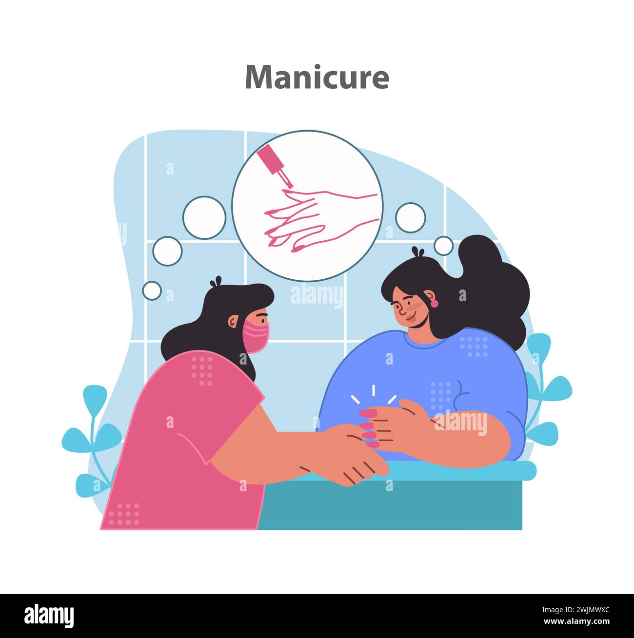 Sessione di manicure in corso. Un cliente gioioso riceve la cura delle unghie da un estetista attento. Illustrazione vettoriale piatta. Illustrazione Vettoriale