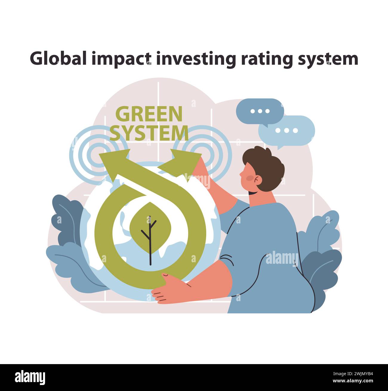 Sistema di investimento a impatto globale. Valutare la governance ambientale e sociale. Investire con una visione sostenibile. Illustrazione vettoriale piatta. Illustrazione Vettoriale