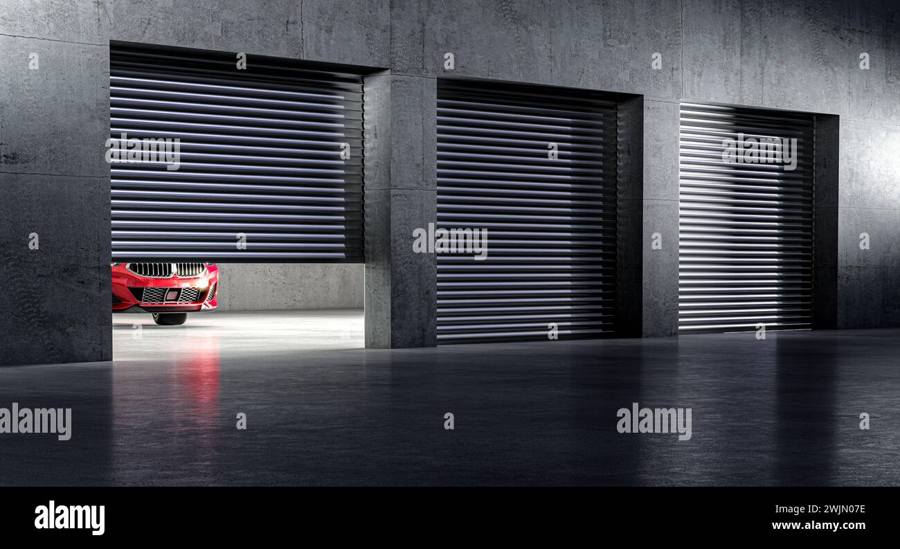fuori dal garage con persiane, auto rossa dentro. illustrazione di rendering 3d. Foto Stock