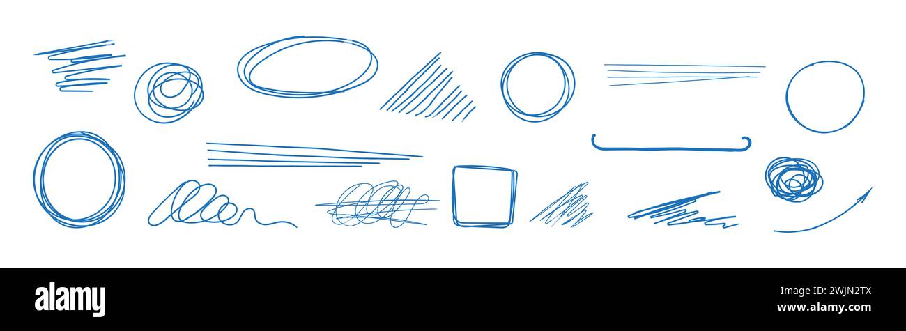 Penna, linea barrata attraverso le sottolineature Imposta vettore. Elementi freccia marcatore, rettangolo, pennello linea. Illustrazione Vettoriale