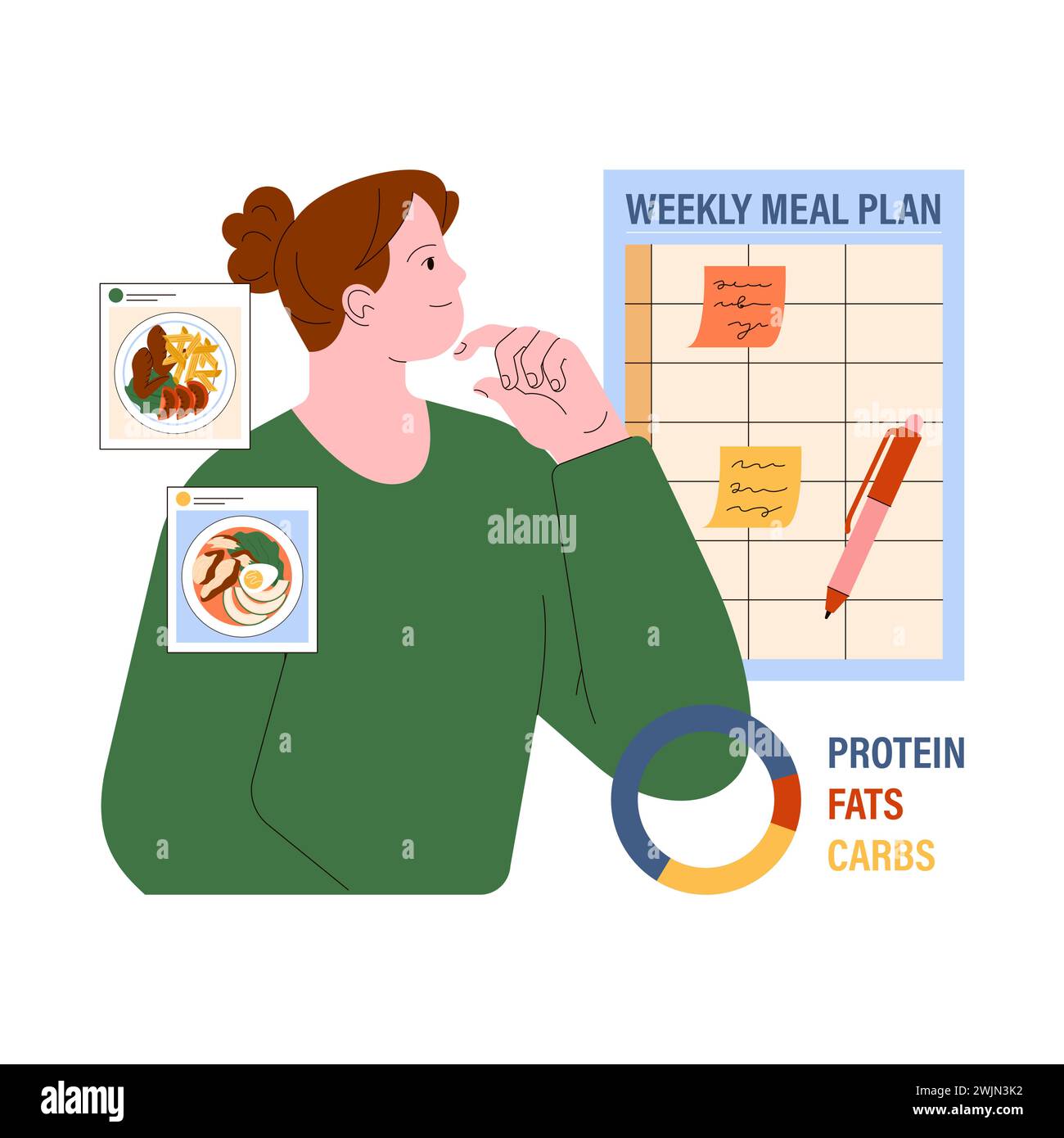 Pianificazione dei pasti. La donna contempla una dieta bilanciata con una tabella settimanale dei pasti, con l'obiettivo di ridurre gli sprechi di cibo. Illustrazione vettoriale piatta. Illustrazione Vettoriale