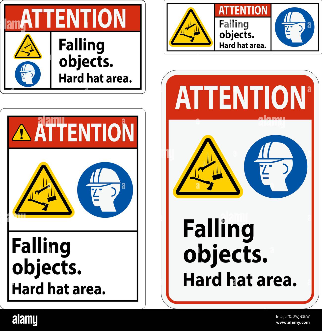 Cartello di attenzione, area Hard Hat in caduta di oggetti Illustrazione Vettoriale