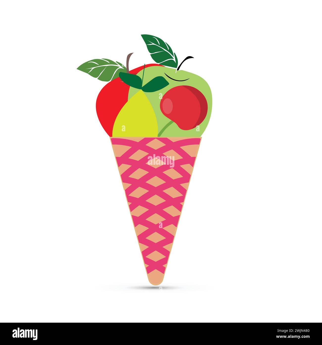 Cono gelato con frutta al posto delle sessole: mela, limone, ciliegia Illustrazione Vettoriale