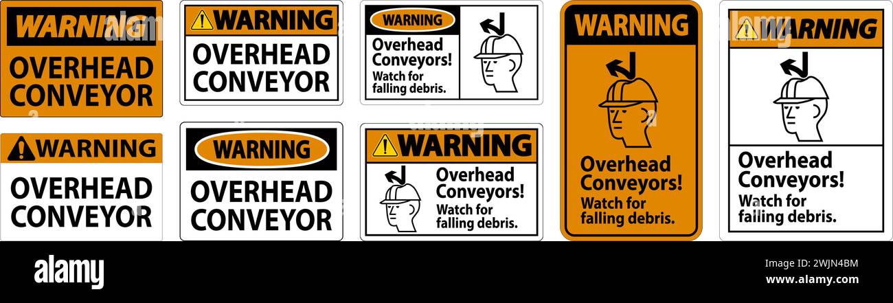 Cartello di avvertenza, trasportatori sospesi, controllare la presenza di detriti in caduta Illustrazione Vettoriale