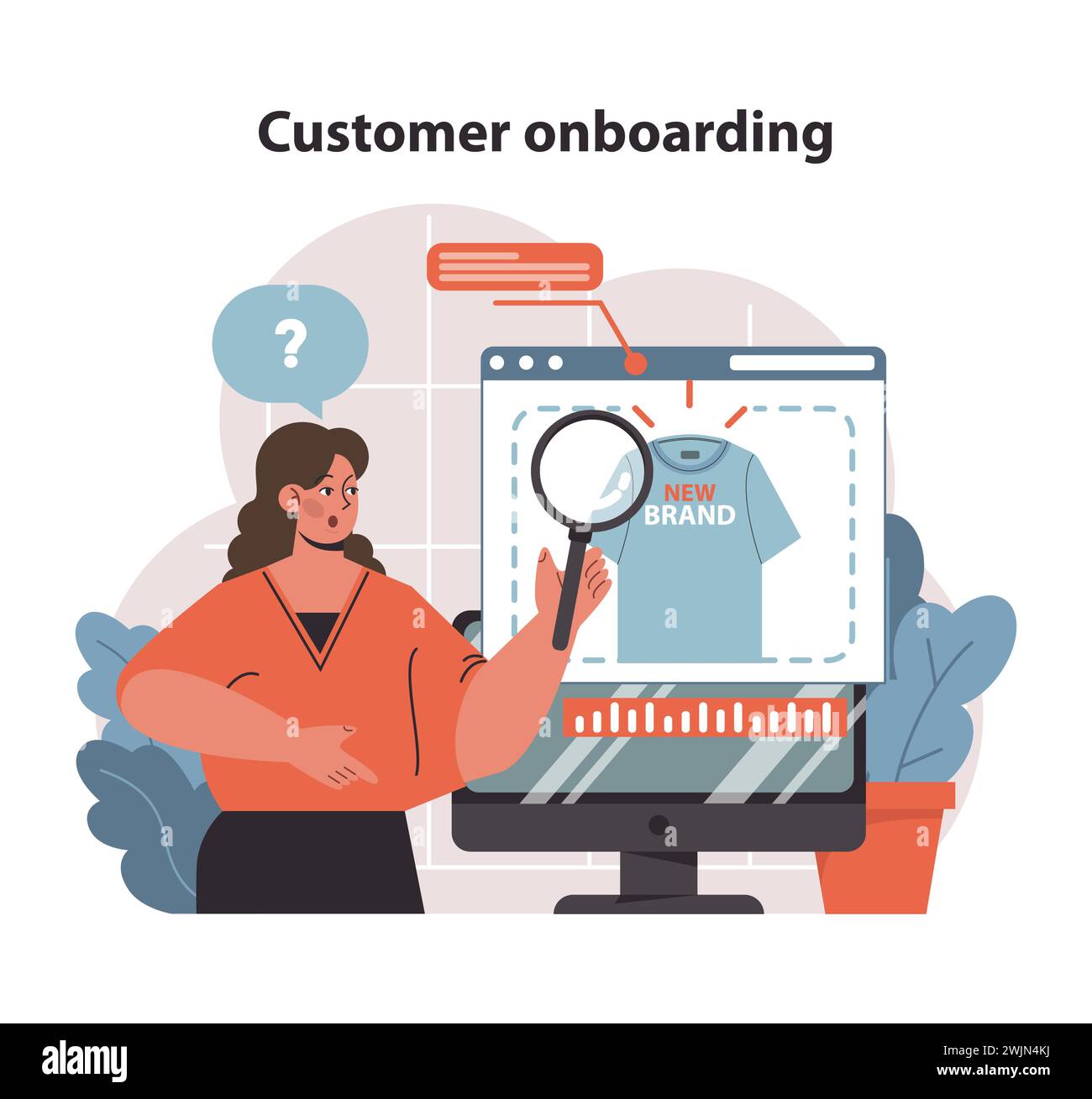 Concetto di onboarding del cliente. Una guida visiva per presentare ai nuovi clienti le offerte del marchio con una maggiore attenzione alla qualità e ai dettagli. Illustrazione vettoriale piatta. Illustrazione Vettoriale