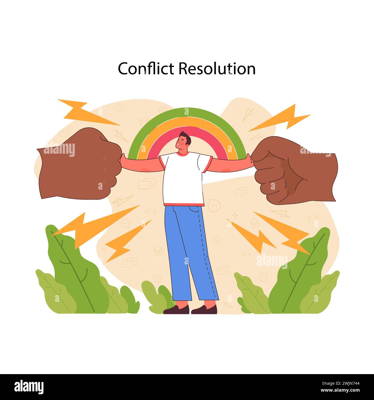 Concetto di risoluzione dei conflitti. Mediatori individuali tra forze opposte, che rappresentano la pace e la risoluzione dei problemi. Metafora visiva della diplomazia. Illustrazione vettoriale piatta Illustrazione Vettoriale