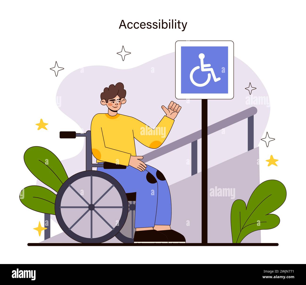 Concetto di accessibilità. Una persona su sedia a rotelle saluta la giornata con ottimismo vicino a un cartello di accessibilità, raffigurante la libera circolazione e spazi pubblici inclusivi. Illustrazione vettoriale piatta. Illustrazione Vettoriale