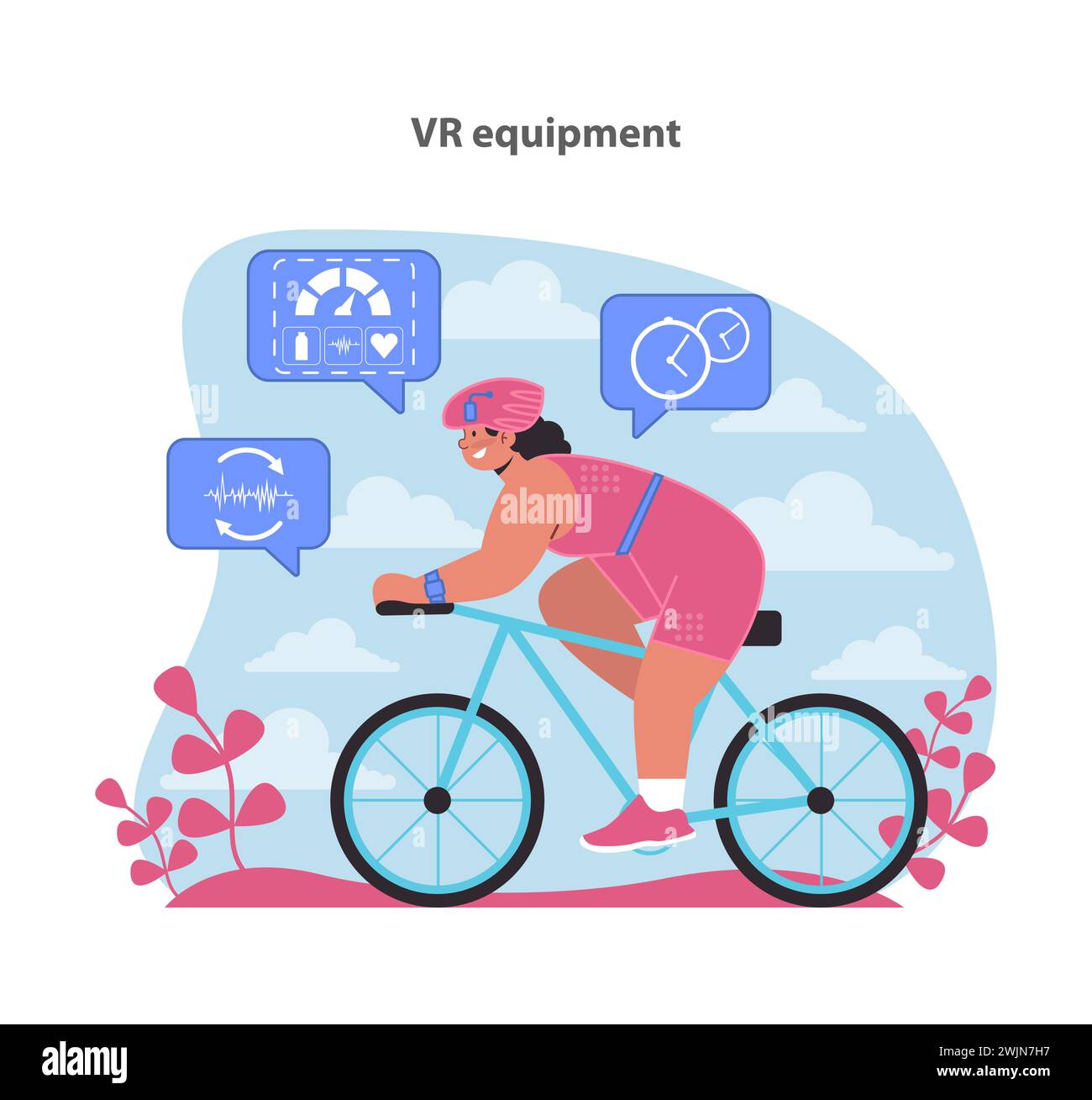 Pedala nel futuro dell'esercizio fisico con la nostra illustrazione delle attrezzature VR, che mette in evidenza un ciclista che utilizza la tecnologia della realtà virtuale per migliorare il suo percorso di fitness in un ambiente sereno. Illustrazione Vettoriale