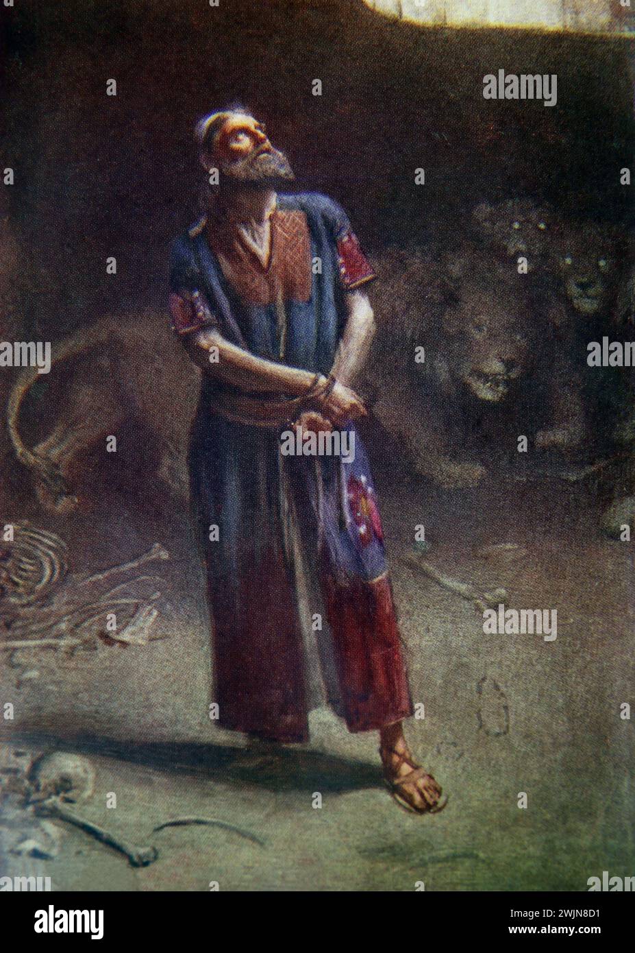 Illustrazione di Daniel in The Den of Lions (Libro di Daniel) di Harold Copping Foto Stock