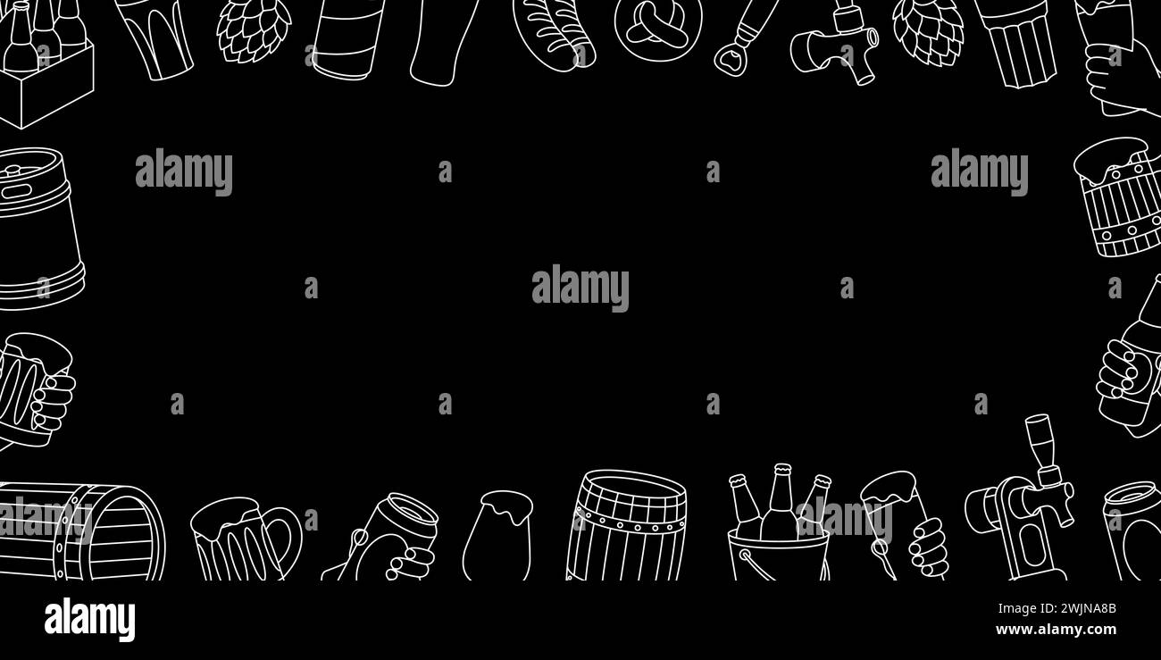 Striscione orizzontale birra. Botti di legno, lattine, tazze, fusto di metallo, apribottiglie, salsicce, rubinetto, cono hop. Processo di produzione della birra, produzione della fabbrica di birra. Illustrazione Vettoriale