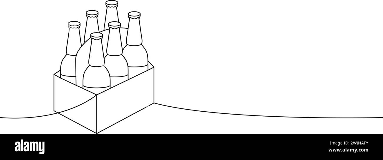 Bottiglie di birra disposte su una linea di disegno continuo. Illustrazione continua di una riga dei prodotti da pub della birra. Illustrazione lineare vettoriale. Illustrazione Vettoriale