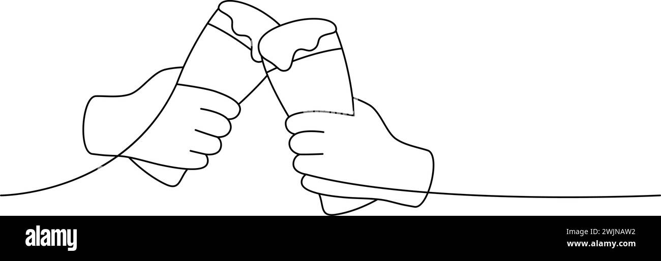 Mani che reggono tazze da birra una linea di disegno continuo. Prodotti da pub della birra, applaude continua a una riga di illustrazione. Illustrazione lineare vettoriale. Illustrazione Vettoriale