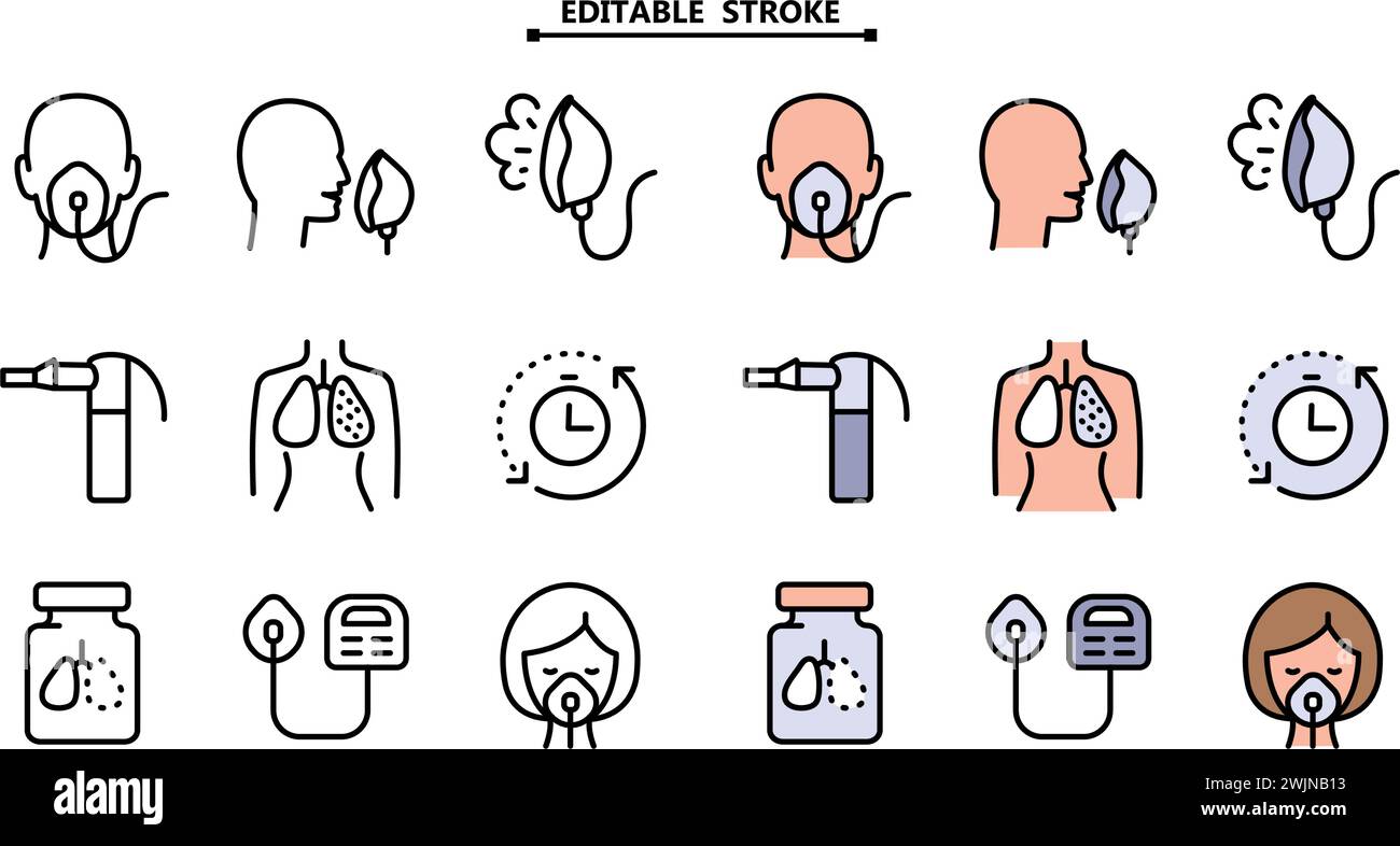 Icone piatte a colori Set di nebulizzatori di diversi tipi. Traccia modificabile. Simbolo sanitario isolato su sfondo bianco. Raccolta Vector Simple. Illustrazione Vettoriale