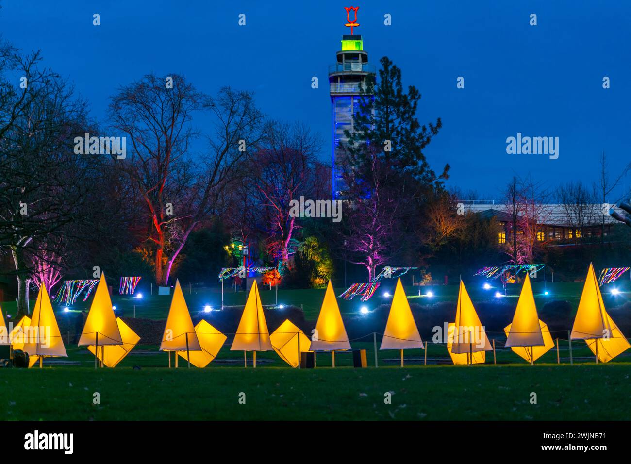 Parkleuchten, evento in inverno, nel Grugapark di Essen, molte diverse installazioni luminose, in tutto il parco, attirano molte migliaia di visitatori, NRW Foto Stock