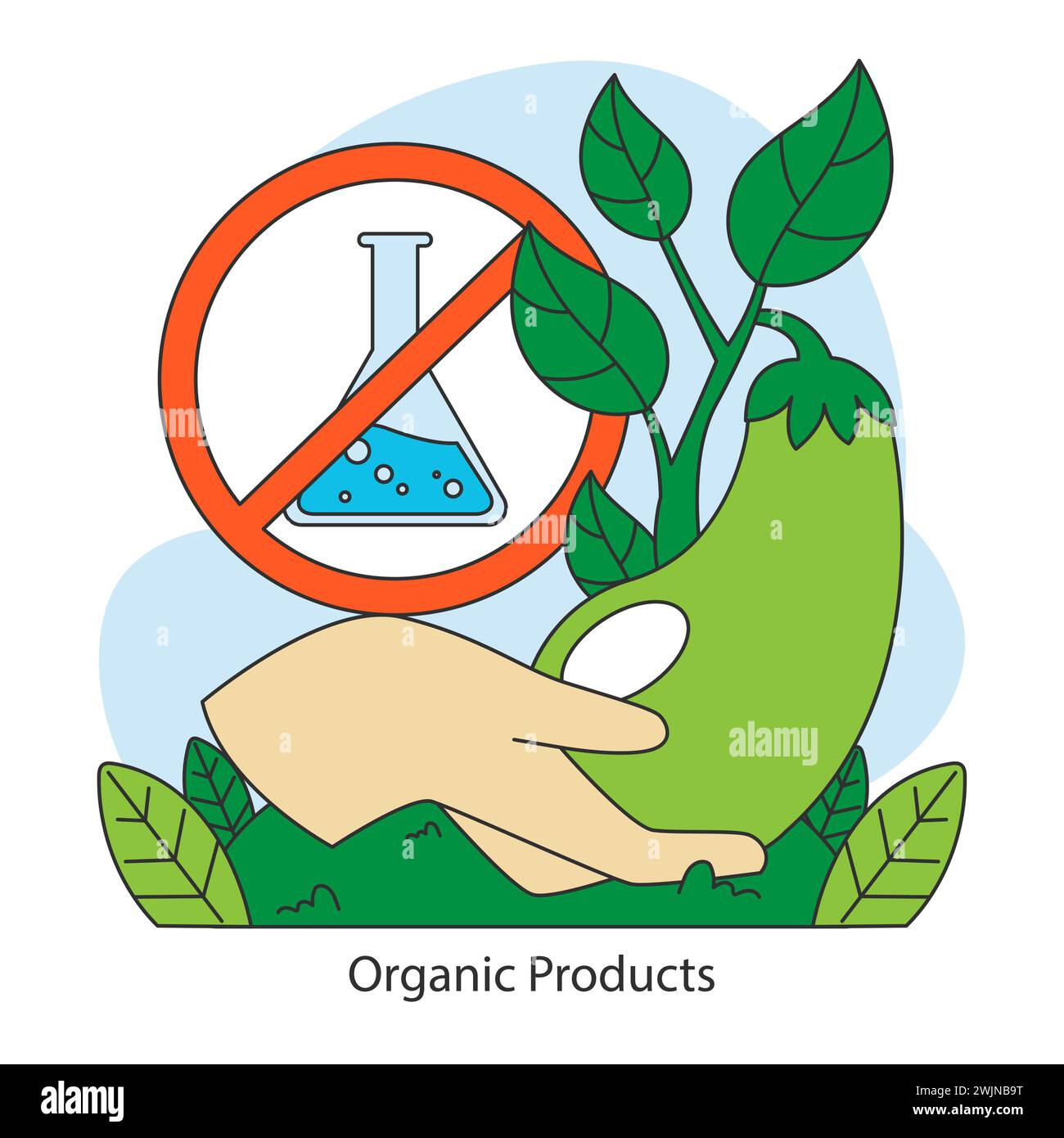 Concetto di prodotti biologici. Sottolinea l'eliminazione delle sostanze chimiche sintetiche in agricoltura. Supporta metodi di coltivazione naturali. Illustrazione vettoriale piatta. Illustrazione Vettoriale