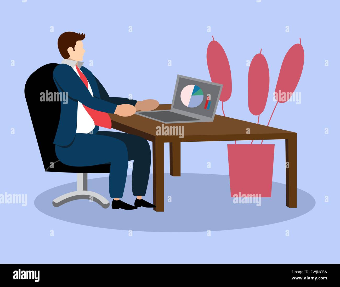 Un uomo d'affari che lavora alla scrivania su un computer portatile, lavora da casa Illustrazione Vettoriale