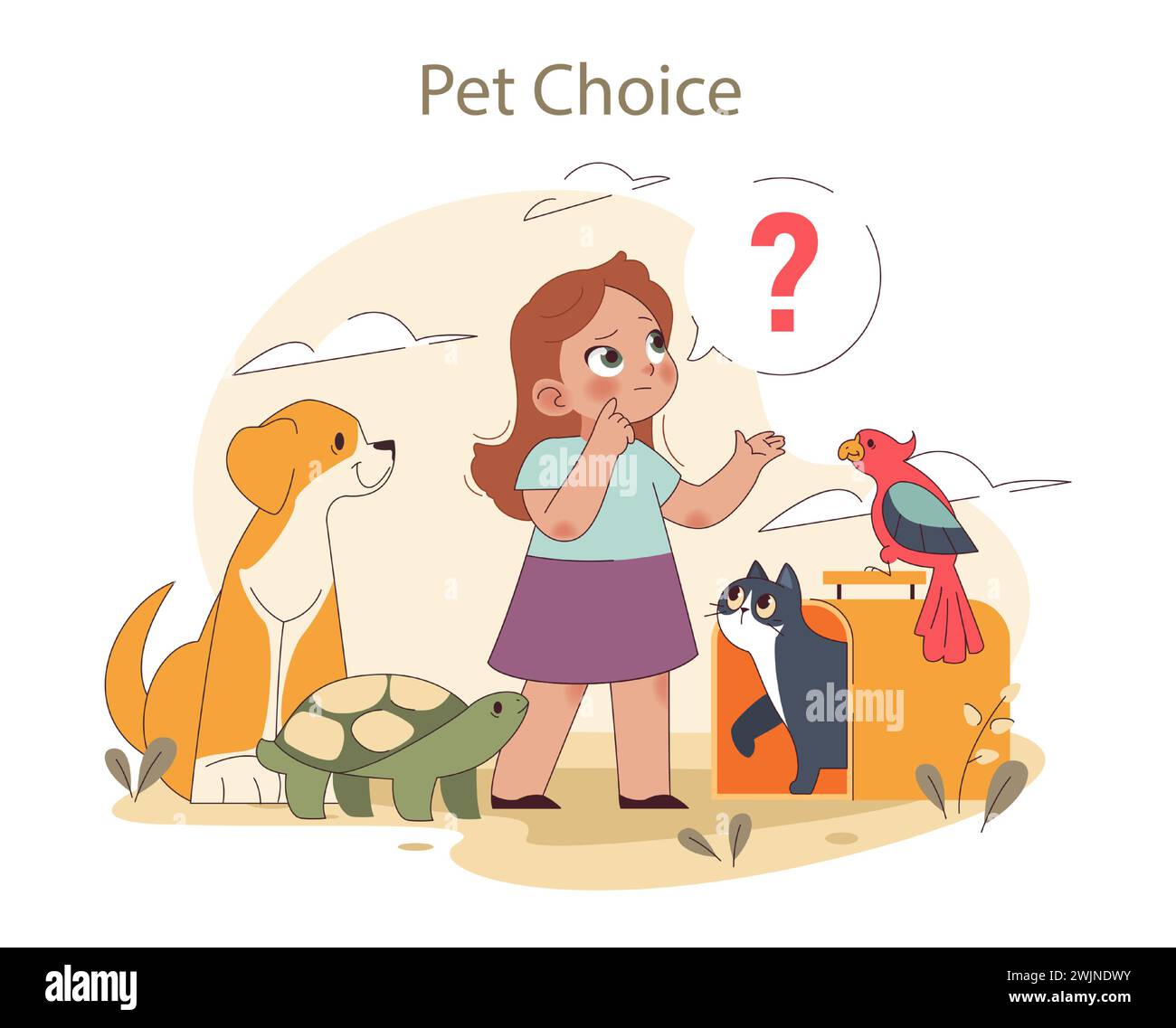 Concetto bambini e animali domestici. Una giovane ragazza considera vari animali, riflettendo sulla sua scelta di un animale domestico. Prendere decisioni nella vita di un bambino. Illustrazione vettoriale piatta Illustrazione Vettoriale
