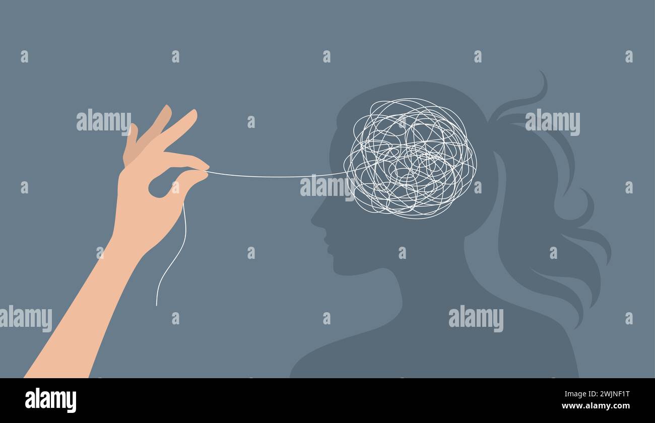 Mano che districa un groviglio di pensieri nella testa di una donna. Il concetto di aiuto e supporto psicologico. Illustrazione vettoriale piatta Illustrazione Vettoriale