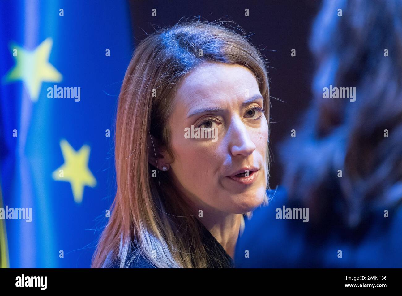 Danzica, Polonia. 16 febbraio 2024. Roberta Metsola, Presidente del Parlamento europeo, durante la sua visita a Danzica © Wojciech Strozyk / Alamy Live News Foto Stock