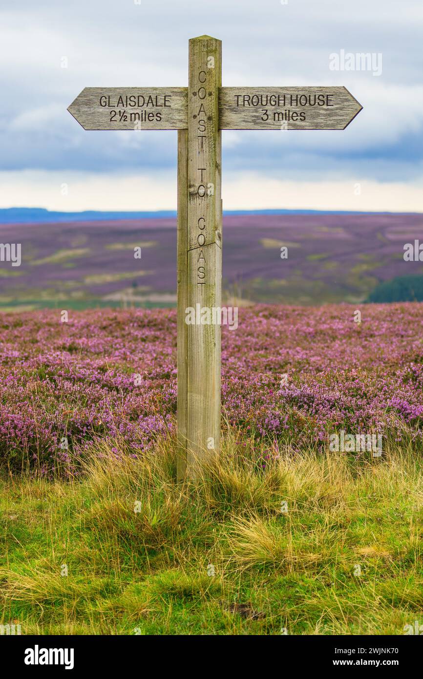 North Yorkshire Moors, cartello per Glaisdale e Trough House, parte della passeggiata Coast to Coast. North Yorkshire, Regno Unito. Orizzontale. Copia Foto Stock