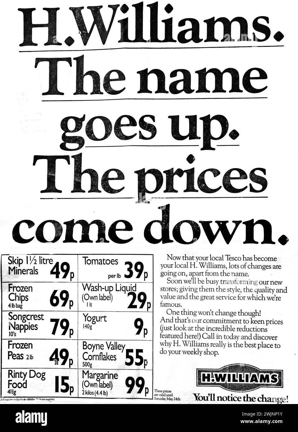 Un annuncio del 1986 per la Irish Supermarket Chain, H. Williams. In quell'anno hanno acquistato alcuni ex supermercati Tesco in Irlanda come suggerisce questo annuncio. H. Williams ha cessato di commerciare nel 1987. Foto Stock