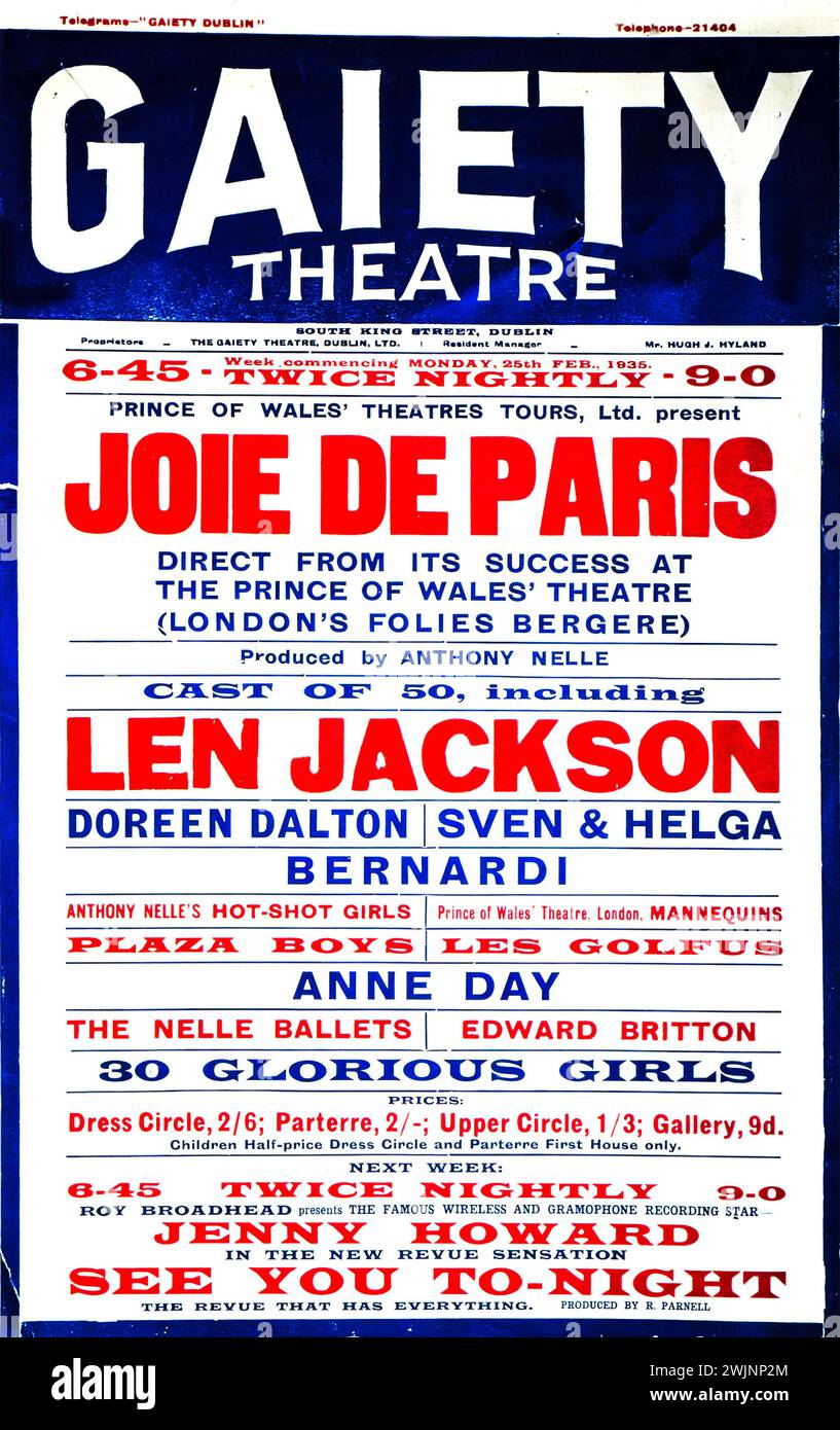 Questo poster storico promuove lo spettacolo Joie De Paris al Gaiety Theatre di Dublino, Irlanda, con nomi delle star e prezzi dei biglietti a partire da settembre 1935, Foto Stock