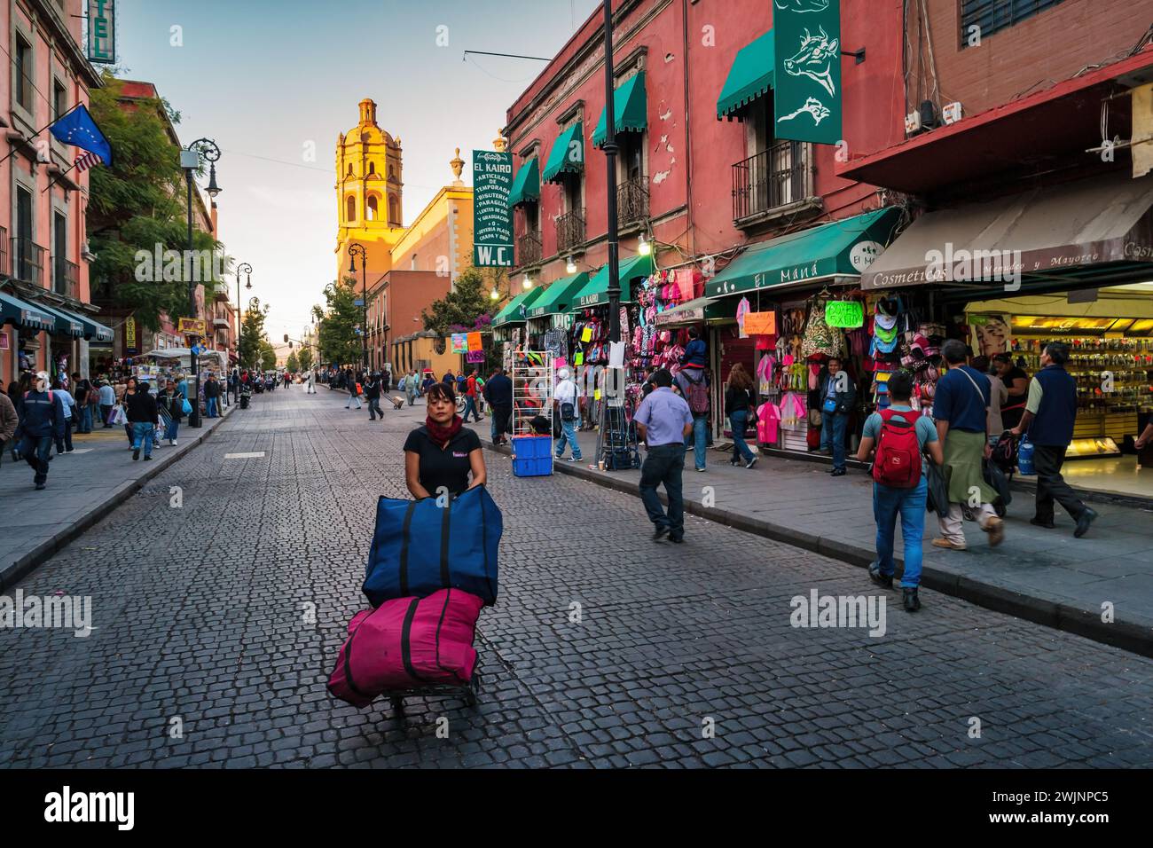 Donna che spinge la merce in una strada dello shopping - mercato nella città vecchia di città del Messico, Messico. Foto Stock