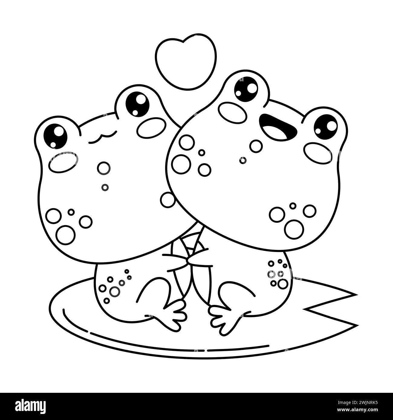 Simpatiche rane da coppia innamorate del cuore. Contorno divertente personaggio kawaii animale. Illustrazione vettoriale. Disegno al tratto, libro da colorare Illustrazione Vettoriale