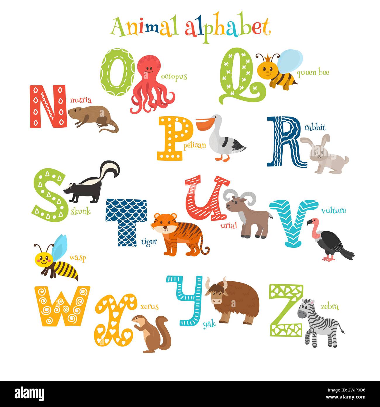 Zoo. Carini animati alfabeti da N a Z in stile cartoni animati. Illustrazione vettoriale Illustrazione Vettoriale