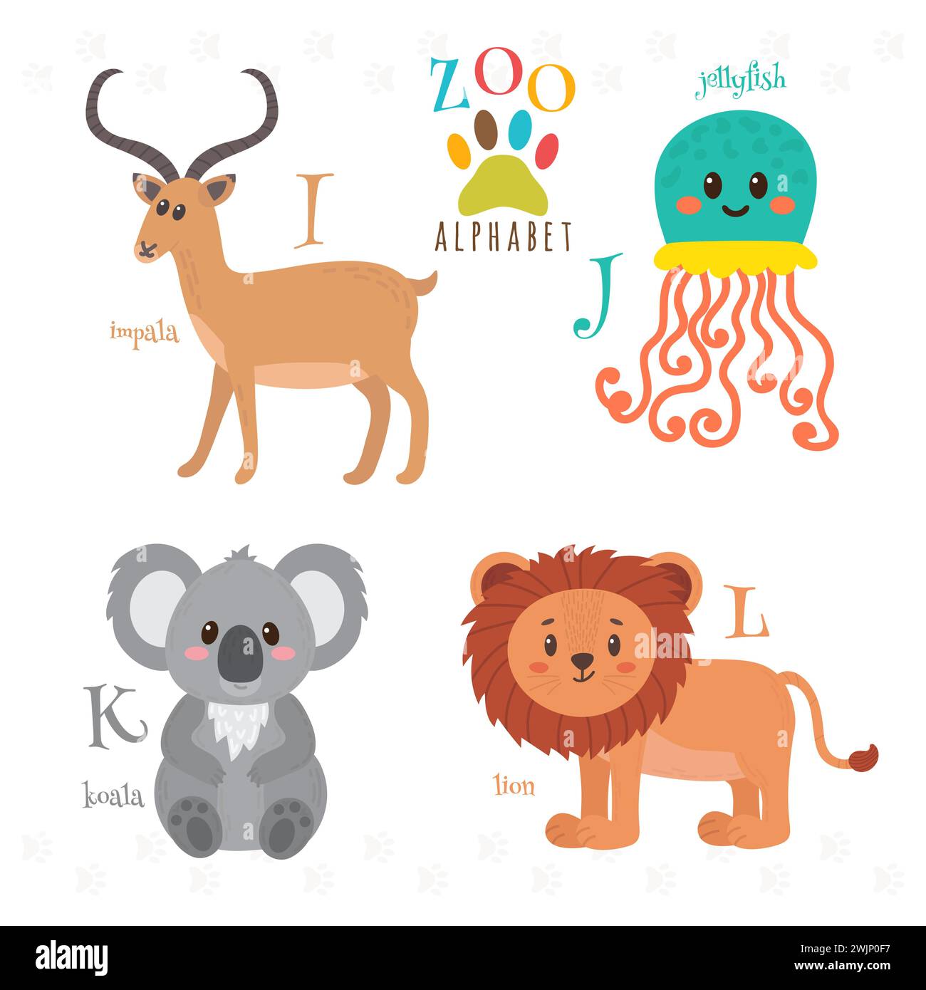 Alfabeto dello zoo con divertenti cartoni animati. Io, j, k, l lettere. Impala, meduse, koala, leone. Illustrazione vettoriale Illustrazione Vettoriale