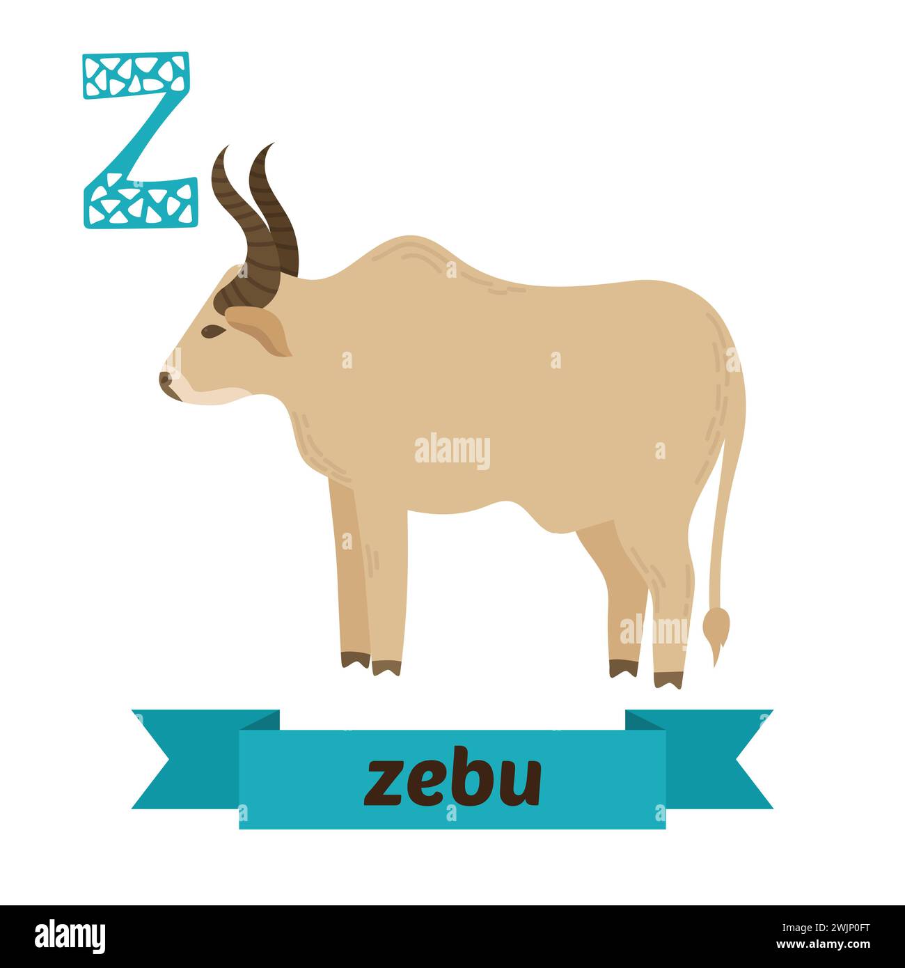 Zebu. Lettera Z. Carini alfabeto animale per bambini in vettore. Simpatici animali da cartone animato. Illustrazione vettoriale Illustrazione Vettoriale