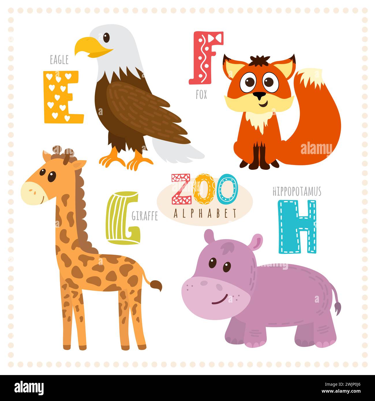 Carini cartoni animati. Alfabeto zoo con animali divertenti. E, f, g, h lettere. Aquila, volpe, giraffa, ippopotamo. Illustrazione vettoriale Illustrazione Vettoriale