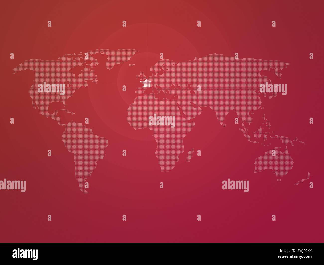 Mappa del mondo a mezzitoni punteggiata con il paese della Francia evidenziato. Mappa del mondo moderna e pulita su sfondo rosso sfumato. Foto Stock
