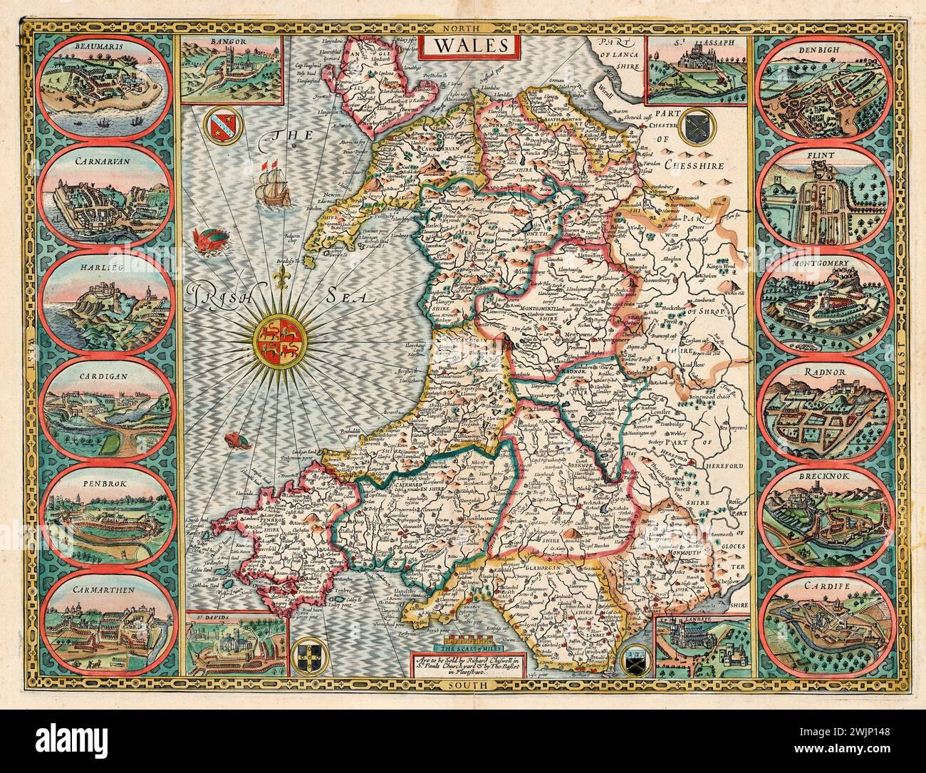 Vintage Illustrated Map of Wales 1610. Da John Speed Mostra le contee gallesi, dodici vedute delle città della contea del Galles Foto Stock