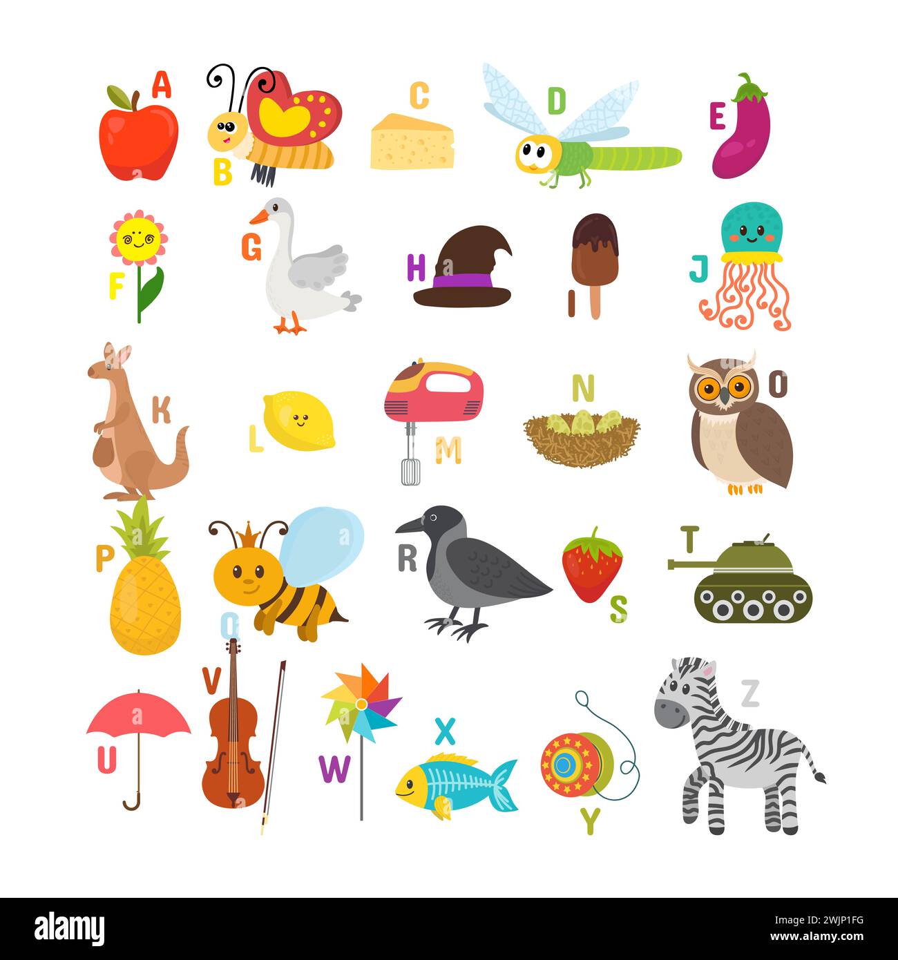 Impara a leggere. Alfabeto per bambini con cartoni animati carini e altri elementi divertenti. ABC. Illustrazione vettoriale Illustrazione Vettoriale